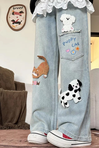 Cute 3D Cat and Dog Embroidered Casual Jeans Pants