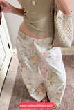 High Waist Front Pockets Floral Pattern White Jeans Pants