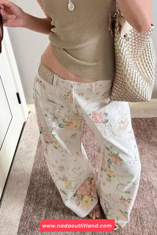 High Waist Front Pockets Floral Pattern White Jeans Pants