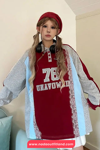 Person wearing a red and gray outfit with 'UNAVOWED' text, standing indoors.