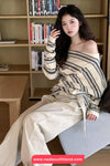 Long Sleeve Slash Neck Striped Casual Shirt