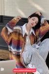Long Sleeve Retro Colors Striped Cardigan Button Sweater