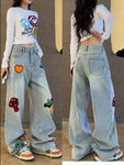 High Waist Cute Mushroom Embroidered Jeans Pants
