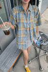 Short Sleeve Cute Yellow Blue Plaid Blouse Shirt
