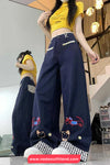 Cartoon Embroidered With Plaid Patchwork Loose Pants