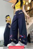 Cartoon Embroidered With Plaid Patchwork Loose Pants