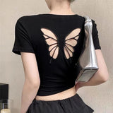 Sexy Butterfly Hollow Cut Pattern Cropped Slim Shirt