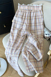 Cute Lace Waist Plaid Pattern Long Pants