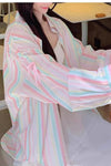 Long Sleeve Rainbow Striped With Back Cute Bow Blouse Shirt