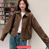 Long Sleeve Turn Down Collar Retro Dark Brown Jacket