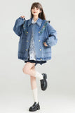 Person wearing a blue denim jacket on a white background