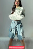 High Waist Irregular Style Ripped Denim Shorts