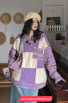 Long Sleeve Turn Down Collar Knitted Purple Plaid Sweater