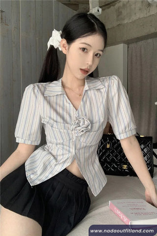 Sexy 3D Flower Striped Elegant Cropped Blouse Shirt