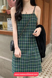 Green Plaid Slash Neck Sleeveless Summer Dress