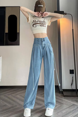 High Waist Cute Drawstring Long Jeans Pants