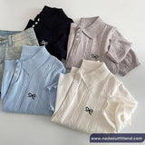 Short Sleeve Sweet Bow Embroidered Collar Knitted Shirt
