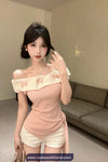 Slash Neck Off Shoulder Butterfly Design Irregular Shirt