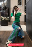 High Waist Green Ripped Hole Jeans Pants