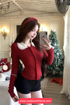 Long Sleeve Polka Dot Collar Red Cardigan Sweater
