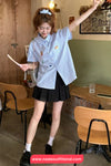 Short Sleeve Cute Bear Embroidery Plaid Blouse Shirt