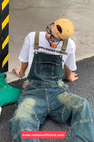 Loose Retro Men Jeans Jumpsuit