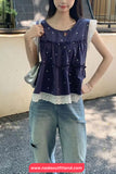 Sleeveless Hearts Printed Lace Patchwork Blouse Shirt