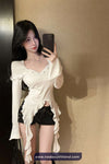 Long Sleeve Square Collar Ruffled Sexy Cropped Shirt