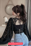 Batwing Sleeve Backless Cropped Lace Blouse Shirt