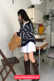Long Sleeve Vintage Knitted Striped Button Sweater