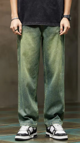 High Waist Retro Blue Men Jeans Pants