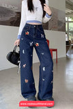 Cute Puppy Pattern Embroidered Retro Jeans Pants
