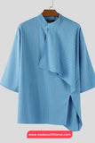 Blue blouse with a draped design on a hanger against a white background, featuring the brand 'Nada Outfitland'.
