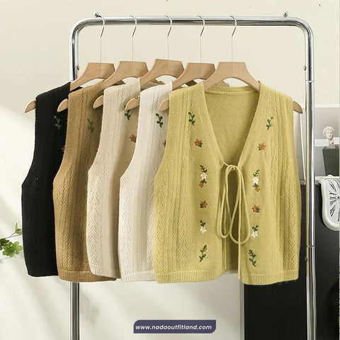 V-Neck Bow Tie Flower Embroidered Knitted Vest Sweater