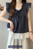 Retro Lace Patchwork Cute Plaid Blouse Shirt