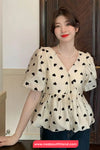 Short Sleeve V-Neck Loves Pattern Blouse Shirt