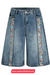 Loose Retro Floral Decoration Jeans Pants