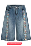 Loose Retro Floral Decoration Jeans Pants