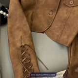 Long Sleeve Belted Neck Brown Leather Cropped Jacket