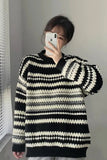 Upgrade your 90s Grunge Aesthetic with this Long Sleeve Retro Contrast Striped Knitted Sweater. The ultimate essential for Grandpa-Core outfits, chunky colorful knitwear trends, and cozy everyday autumn lookbooks. Featuring a flattering relaxed drape and a classic horizontal contrast stripe layout, this pullover sweater is a must-have for your Aesthetic Sweaters or Retro Clothing collection.