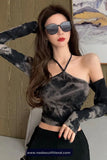 Long Sleeve Tie Dye Sexy Halter Neck Cropped Slim Shirt