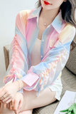 Long Sleeve Lace Tie Gradient Colors Cropped Shirt