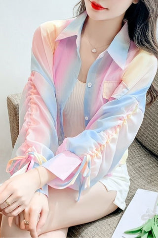 Long Sleeve Lace Tie Gradient Colors Cropped Shirt