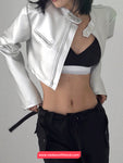 Long Sleeve Cropped Silver Leather Jacket