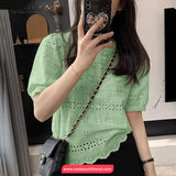 Short Sleeve O-Neck Hollow Out Crochet Shirts