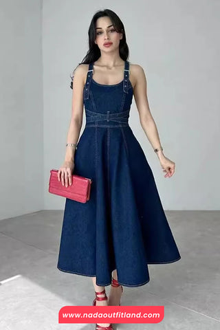 Sexy Open Back Strappy Long Denim Dress