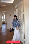 Long Sleeve Loose Drawstring Plaid Blouse Shirt