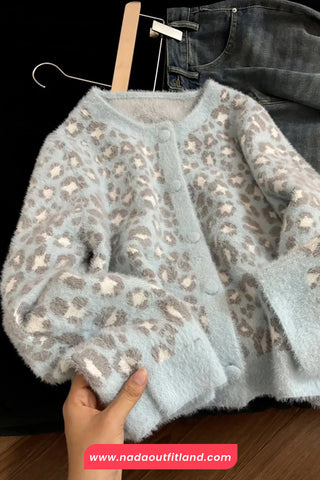 Long Sleeve O-Neck Leopard Pattern Faux Blue Jacket