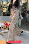 High Waist Striped Style Brown Denim Pants