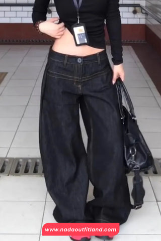 High Waist Washed Black Style Loose Jeans Pants
